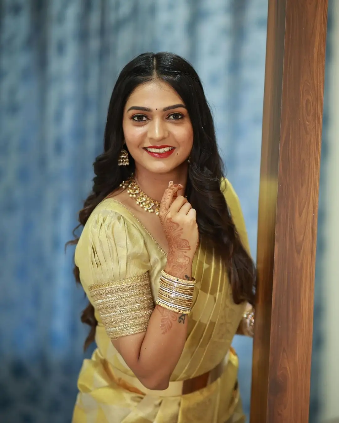 Nisarga Gowda In South Indian Traditional Yellow Saree Blouse